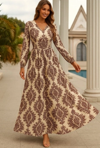 Kadın Uzun Kollu V Yakalı Desenli Süprem Elbise