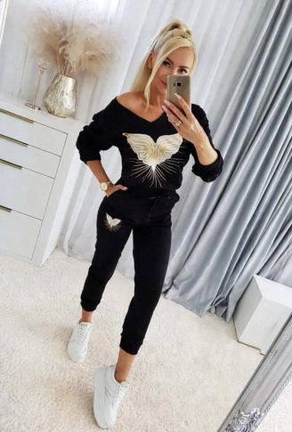 Kadın Uzun Kollu V Yakalı Desenli Viskon Iki Iplik Bluz Ve Pantolon Ikili Takım