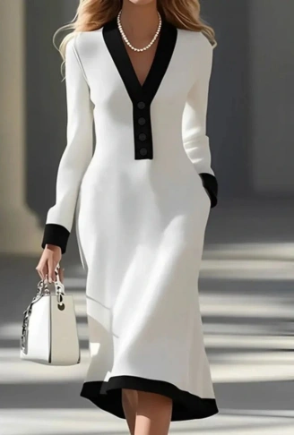 Kadın Uzun Kollu V Yakalı Düğmeli Midi Modal Elbise