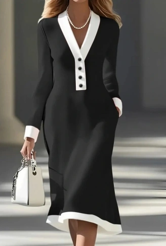 Kadın Uzun Kollu V Yakalı Düğmeli Midi Modal Elbise