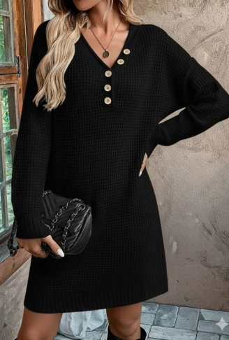 Kadın Uzun Kollu V Yakalı Düğmeli Mini Triko Elbise
