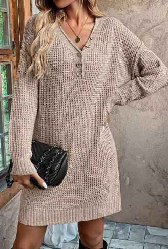 Kadın Uzun Kollu V Yakalı Düğmeli Mini Triko Taş Renkli Elbise