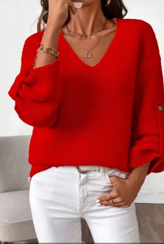 Kadın Uzun Kollu V Yakalı Düğmeli Triko Bluz