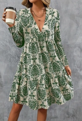 Kadın Uzun Kollu V Yakalı Fırfırlı Mini Süprem Elbise