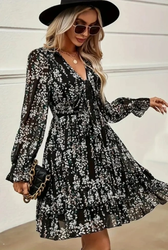 Kadın Uzun Kollu V Yakalı Fırfırlı Ve Bağcıklı şifon Mini Elbise