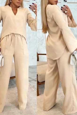 Kadın Uzun Kollu V Yakalı Keten Bluz Bağcıklı Pantolon Ikili Takım