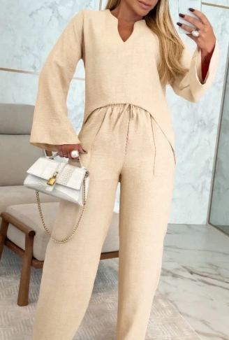 Kadın Uzun Kollu V Yakalı Keten Bluz Bağcıklı Pantolon Ikili Takım