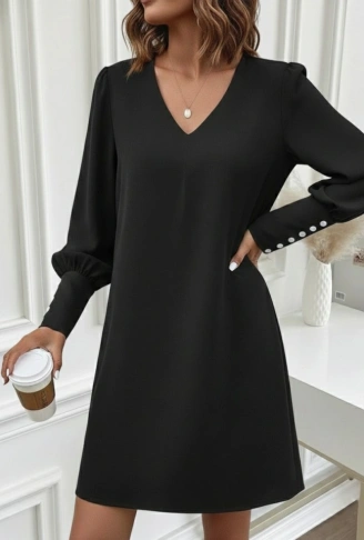 Kadın Uzun Kollu V Yakalı Kısa Ithal Krep Elbise