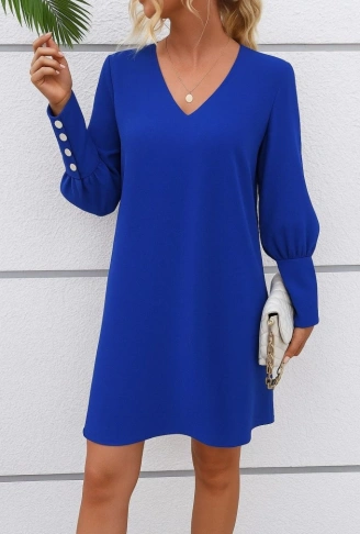 Kadın Uzun Kollu V Yakalı Kısa Ithal Krep Elbise