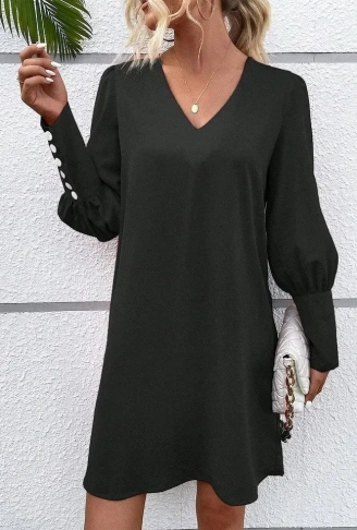 Kadın Uzun Kollu V Yakalı Kısa Ithal Krep Elbise
