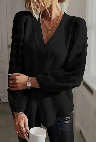 Kadın Uzun Kollu V Yakalı Kolları Popon Detaylı Sandy Bluz