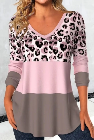 Kadın Uzun Kollu V Yakalı Leopar Baskılı şardonlu Dalgıç Bluz