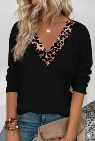 Kadın Uzun Kollu V Yakalı Leopar Detaylı Viskon Iki Iplik Bluz