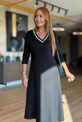 Kadın Uzun Kollu V Yakalı Midi Modal Elbise