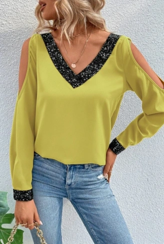 Kadın Uzun Kollu V Yakalı Omuzlardan Açık Sandy Bluz