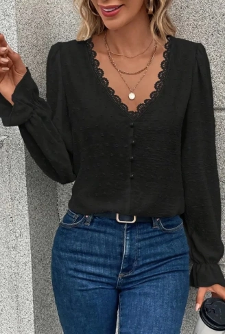 Kadın Uzun Kollu V Yakalı önden Düğmeli Bluz