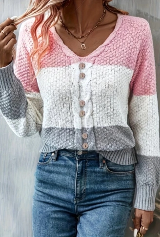 Kadın Uzun Kollu V Yakalı önden Düğmeli çok Renkli Bluz