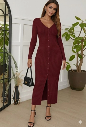 Kadın Uzun Kollu V Yakalı önden Düğmeli şardonlu Kaşkorse Elbise