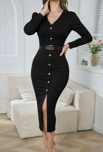 Kadın Uzun Kollu V Yakalı önden Düğmeli Yırtmaçlı Modal Midi Kemersiz Elbise