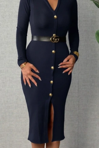 Kadın Uzun Kollu V Yakalı önden Düğmeli Yırtmaçlı Modal Midi Kemersiz Elbise