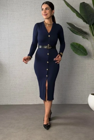 Kadın Uzun Kollu V Yakalı önden Düğmeli Yırtmaçlı Modal Midi Kemersiz Elbise