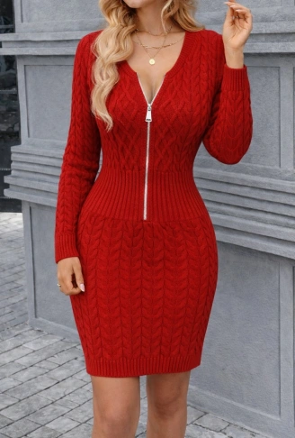 Kadın Uzun Kollu V Yakalı önden Fermuarlı Kısa Triko Elbise