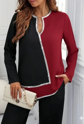 Kadın Uzun Kollu V Yakalı Pul Payet Işlemeli Ithal Krep Bluz
