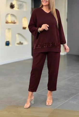 Kadın Uzun Kollu V Yakalı Pulpayet Viskon Iki Iplik Bluz Ve Pantolon Takım