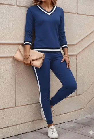 Kadın Uzun Kollu V Yakalı Ribanalı Viskon Iki Iplik Bluz Ve Pantolon Ikili Takım