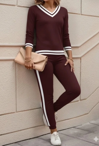 Kadın Uzun Kollu V Yakalı Ribanalı Viskon Iki Iplik Bluz Ve Pantolon Ikili Takım