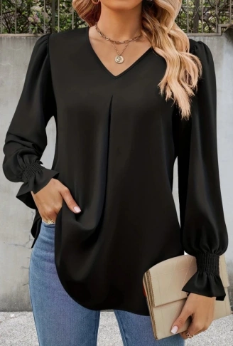 Kadın Uzun Kollu V Yakalı Salaş Ithal Krep Bluz