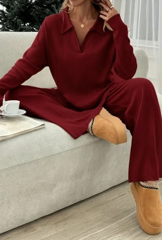 Kadın Uzun Kollu V Yakalı şardonlu Kaşkorse Bluz Ve Pantolon Ikili Takım