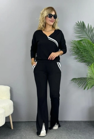 Kadın Uzun Kollu V Yakalı şerit Detaylı Viskon Iki Iplik Bluz Ve Pantolon Ikili Takım
