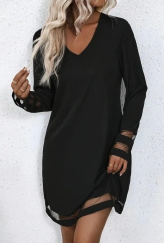 Kadın Uzun Kollu V Yakalı şeritli Tül Detaylı Ithal Krep Elbise