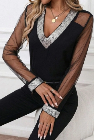 Kadın Uzun Kollu V Yakalı Tül Detaylı Ithal Krep Bluz