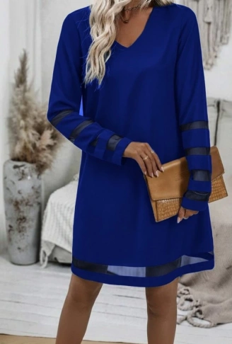 Kadın Uzun Kollu V Yakalı Tül şerit Detaylı Mini Krep Elbise