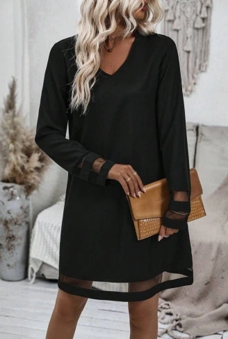 Kadın Uzun Kollu V Yakalı Tül şerit Detaylı Mini Krep Elbise