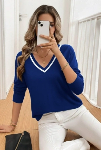 Kadın Uzun Kollu V Yakalı Viskon Iki Iplik Bluz