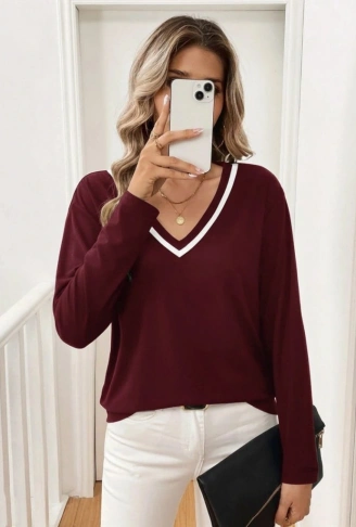 Kadın Uzun Kollu V Yakalı Viskon Iki Iplik Bluz