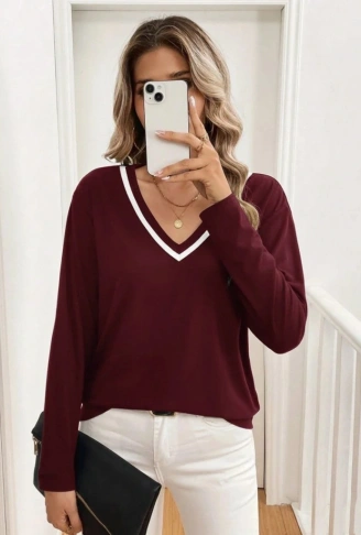 Kadın Uzun Kollu V Yakalı Viskon Iki Iplik Bluz
