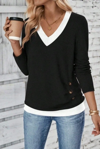 Kadın Uzun Kollu V Yakalı Yandan Düğmeli Yün Viskon Bluz