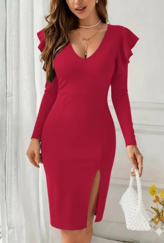 Kadın Uzun Kollu V Yakalı Yandan Yırtmaçlı Midi Ithal Krep Elbise