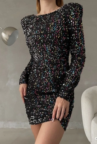 Kadın Uzun Kollu Vatka Detay Full Pul Payet Mini Elbise