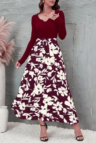 Kadın Uzun Kollu Yaka Açık üst Kaşkorse Beli Kuşaklı Alt çiçek Baskılı Dalgıç Elbise