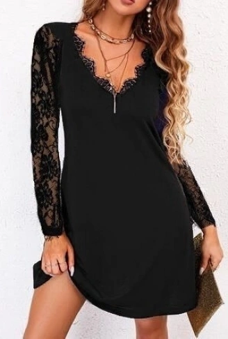 Kadın Uzun Kollu Yaka Ve Kol Dantel Detay Sandy Mini Boy Elbise