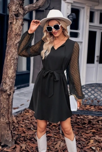 Kadın Uzun Kollu Yakadan Bağcıklı Belden Kuşaklı Ithal Krep Elbise