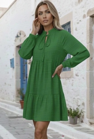 Kadın Uzun Kollu Yakadan Bağcıklı Fırfırlı Keten Mini Elbise