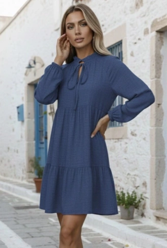 Kadın Uzun Kollu Yakadan Bağcıklı Fırfırlı Keten Mini Elbise