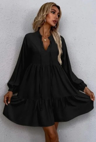 Kadın Uzun Kollu Yakadan Bağcıklı Fırfırlı Keten Mini Elbise