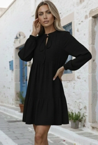 Kadın Uzun Kollu Yakadan Bağcıklı Fırfırlı Keten Mini Elbise